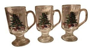 Vintage Noel Luminarc Christmas Tree Set of 3 Footed Clear Glass Mugs